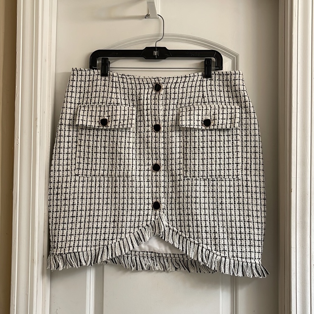 ♻️Shein Curve Black White Silver Houndstooth Frayed Fringe Midi Skirt Black 1XL